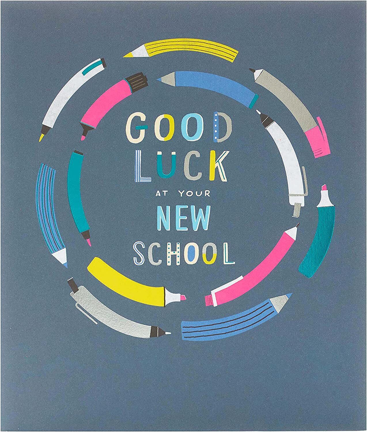 UK Greetings Neon Pencils New School Good Luck Card showing colorful neon pencil illustrations on a greeting card.