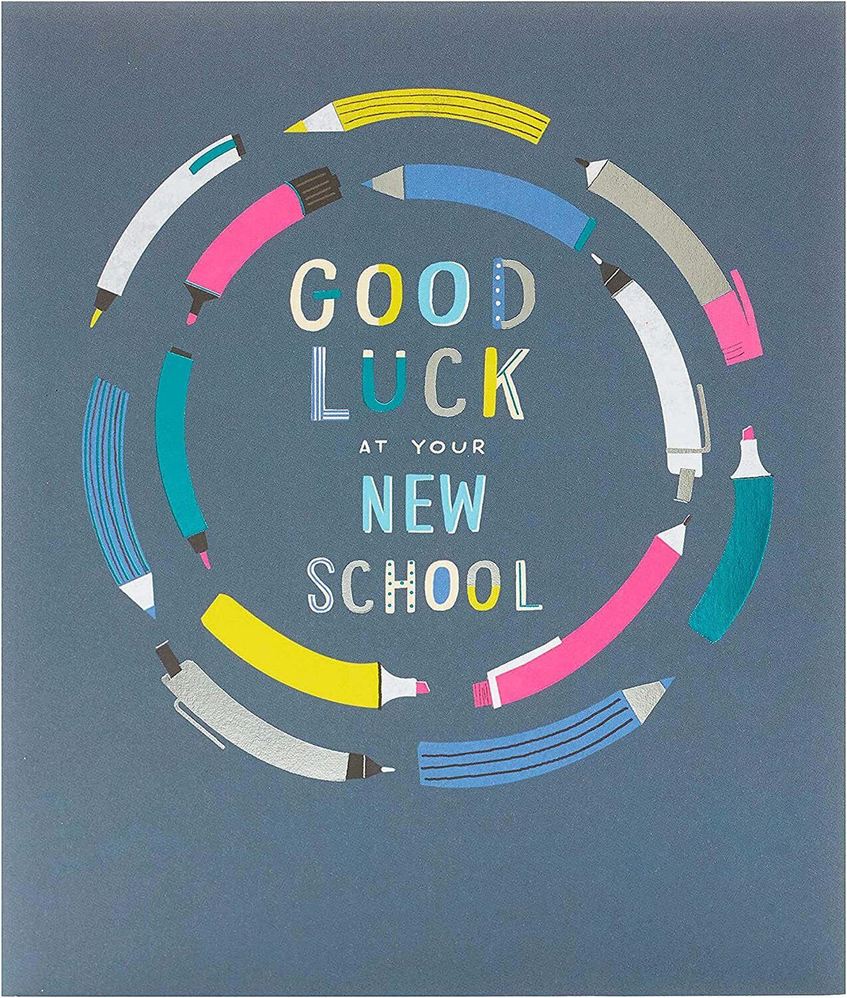 UK Greetings Neon Pencils New School Good Luck Card showing colorful neon pencil illustrations on a greeting card.