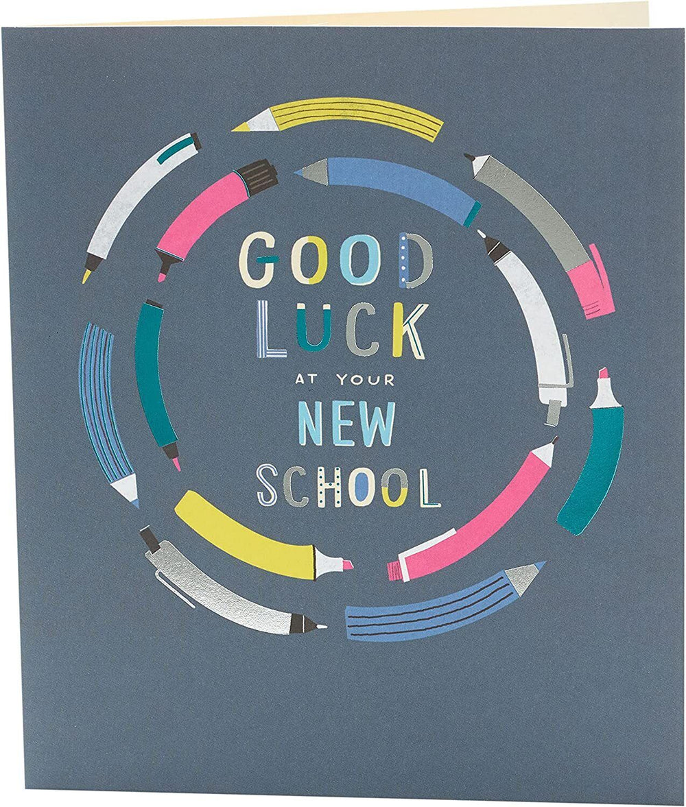 UK Greetings Neon Pencils New School Good Luck Card featuring colorful neon pencil illustrations on a cheerful greeting card.