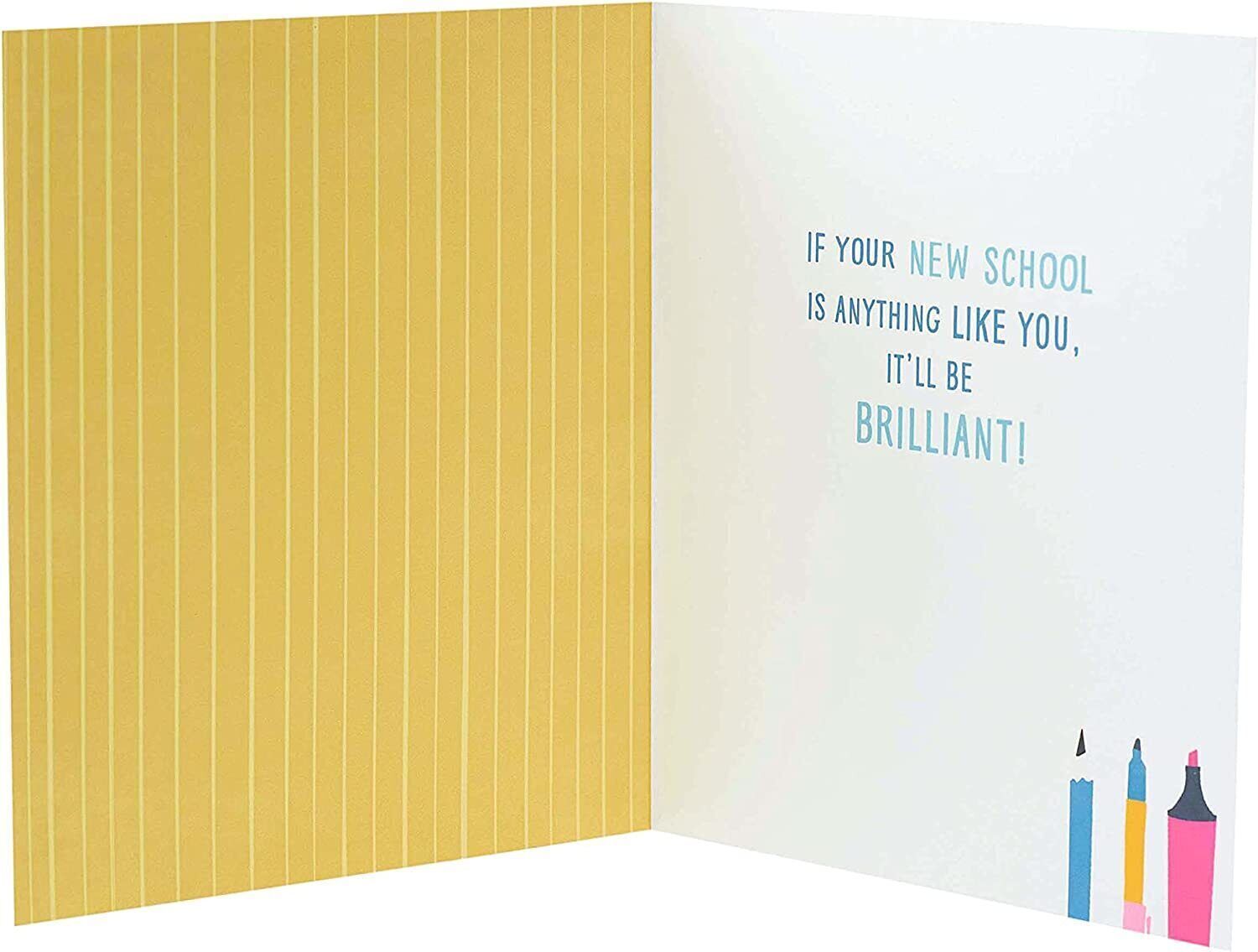 UK Greetings Neon Pencils New School Good Luck Card featuring colorful neon pencil illustrations and bold text on a greeting card.