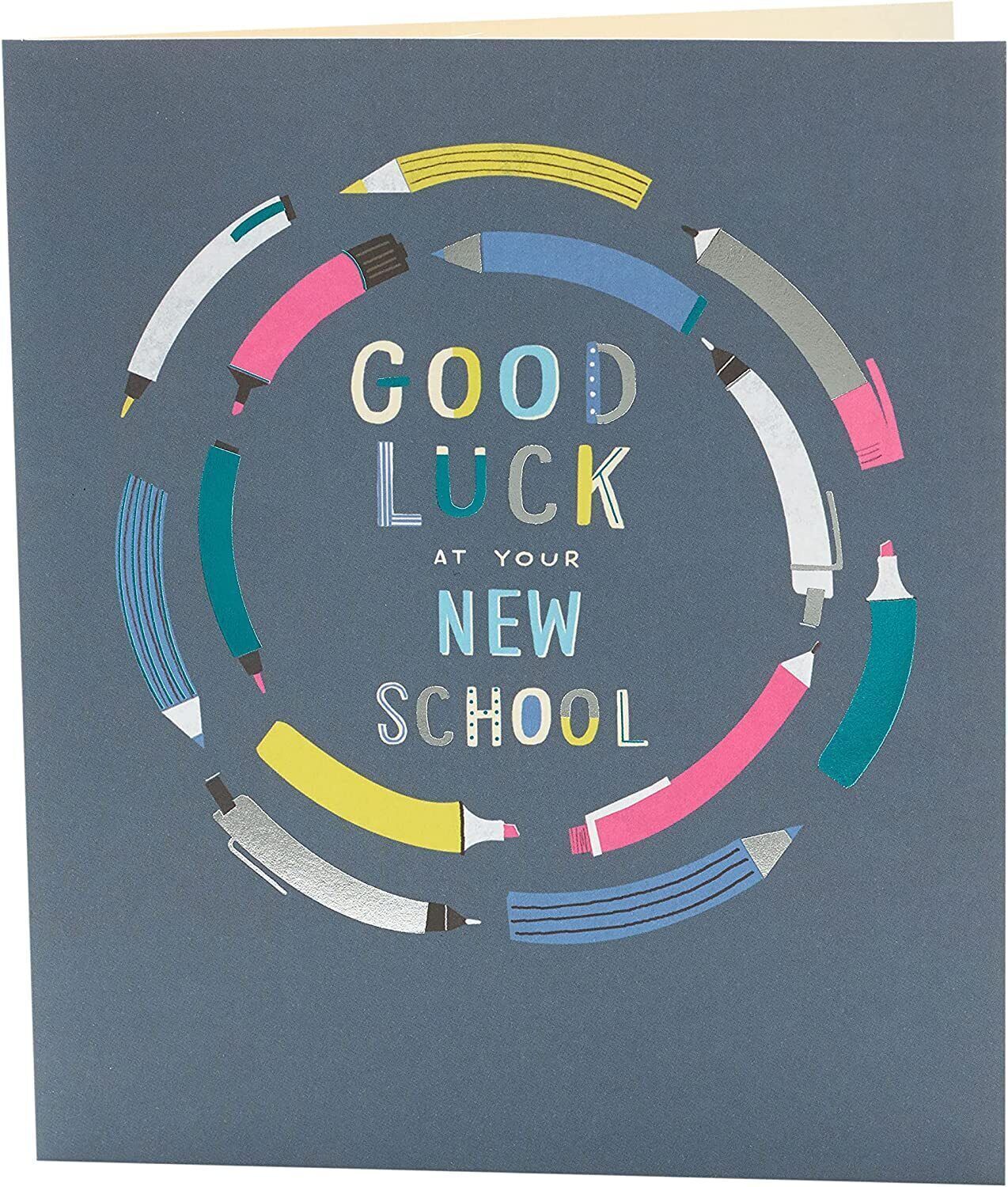 UK Greetings Neon Pencils New School Good Luck Card featuring colorful pencil illustrations on a cheerful greeting card.