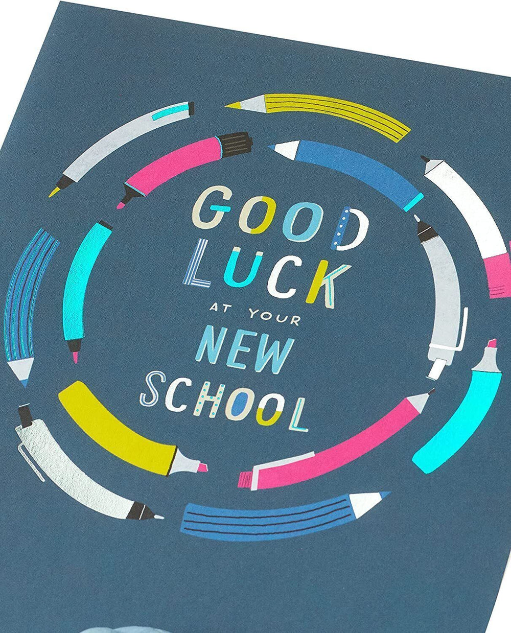 UK Greetings Neon Pencils New School Good Luck Greeting Card featuring colorful pencil illustrations on the front.