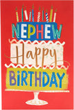 UK Greetings Nephew birthday card featuring a cake with candles, colorful design and cheerful message for celebrating special occasions.