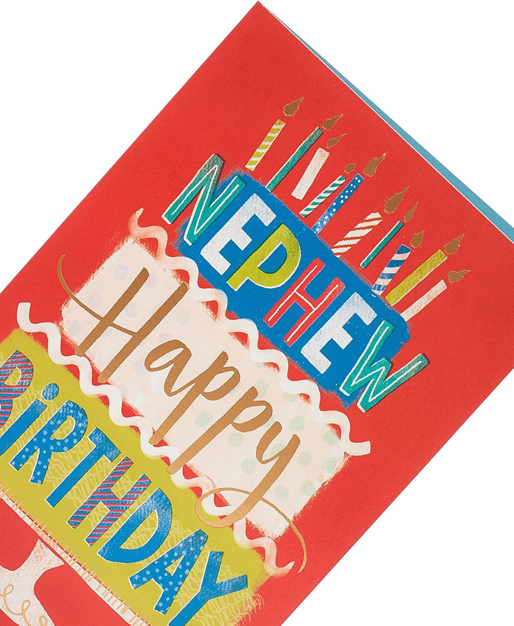 UK Greetings Nephew birthday card featuring a colorful cake with lit candles, perfect for celebrating special occasions.