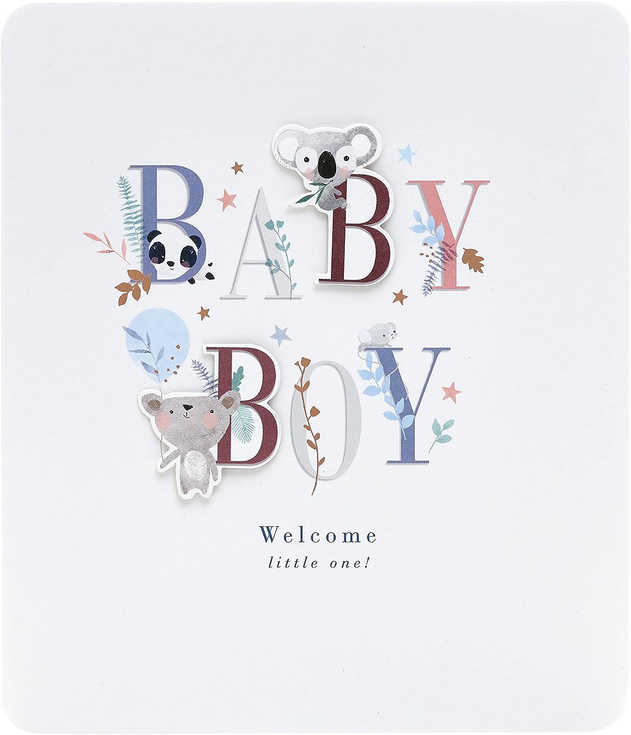 UK Greetings New Baby Boy greeting card featuring a cute letter design, perfect for celebrating a new arrival.