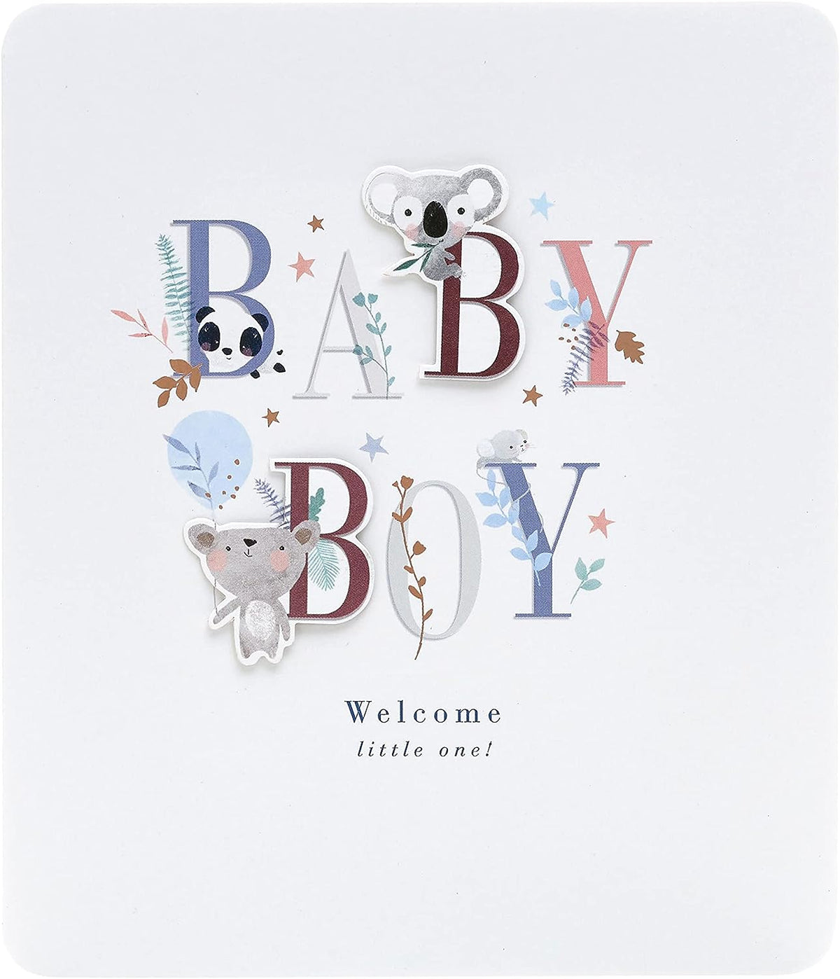 UK Greetings New Baby Boy greeting card featuring a cute letter design, perfect for celebrating a new arrival.