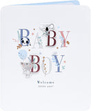 UK Greetings New Baby Boy greeting card featuring a cute letter design, perfect for celebrating a new arrival.