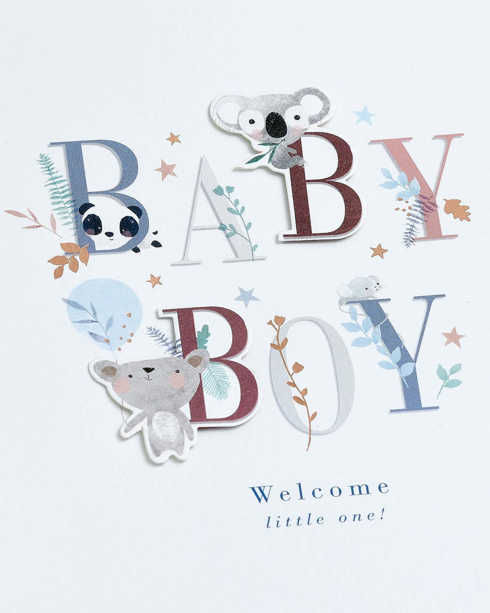 UK Greetings New Baby Boy Card featuring a cute letter design, perfect for celebrating a new arrival with charming greeting card artwork.