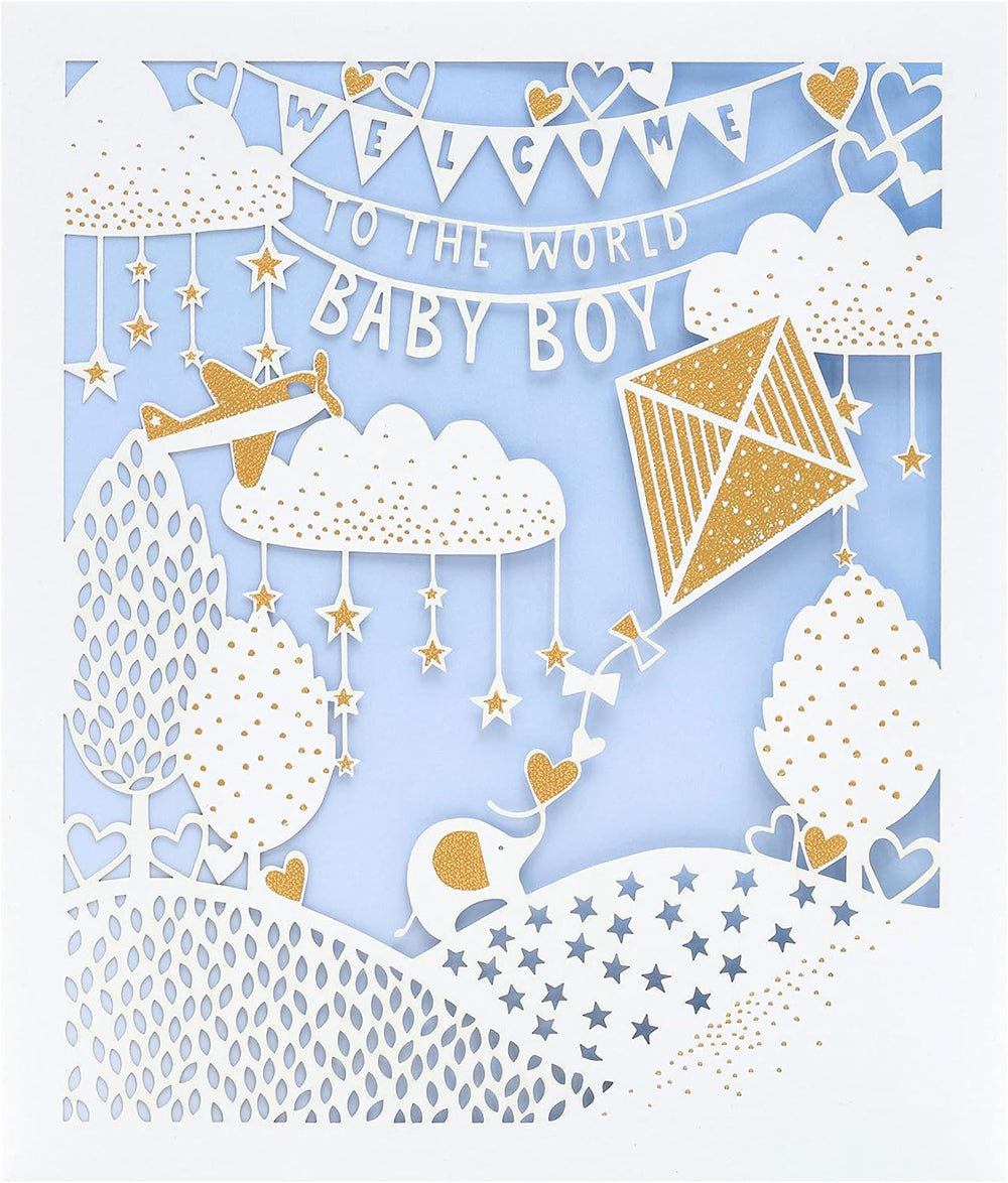 UK Greetings New Baby Boy Card with intricate lasercut design, featuring a heartfelt greeting for a newborn boy.