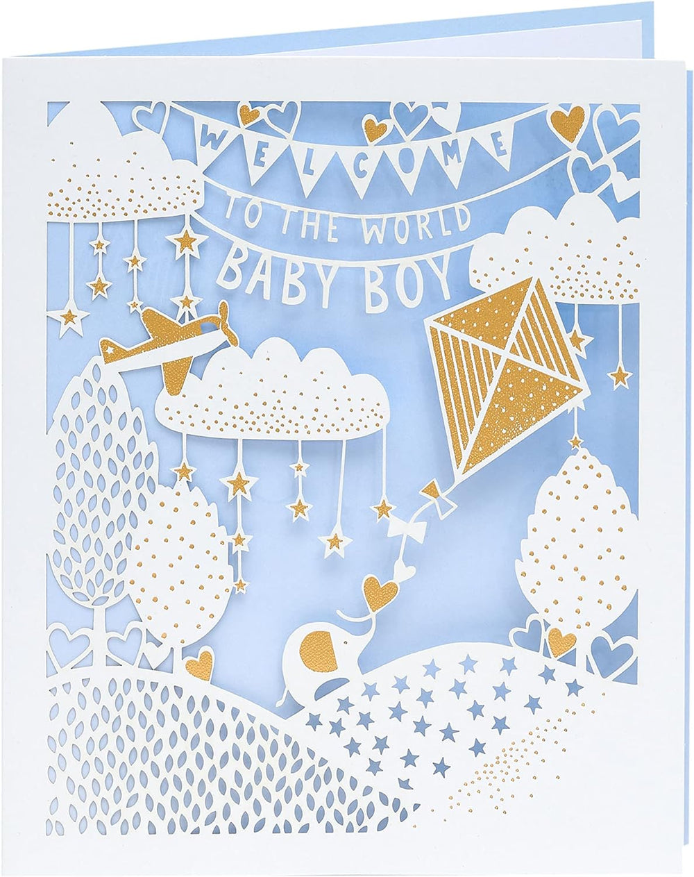 UK Greetings New Baby Boy greeting card with intricate laser-cut design, showcasing a delicate and celebratory baby's arrival motif.