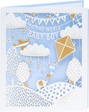 UK Greetings New Baby Boy greeting card with intricate laser-cut design, showcasing a delicate and celebratory baby's arrival motif.
