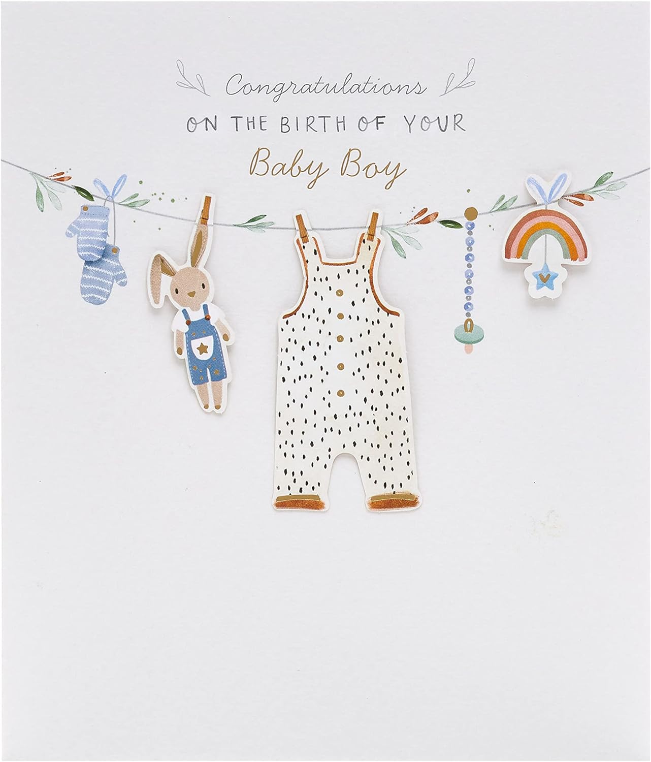 UK Greetings New Baby Boy greeting card featuring a washing line design with cute baby clothes and cheerful illustrations.