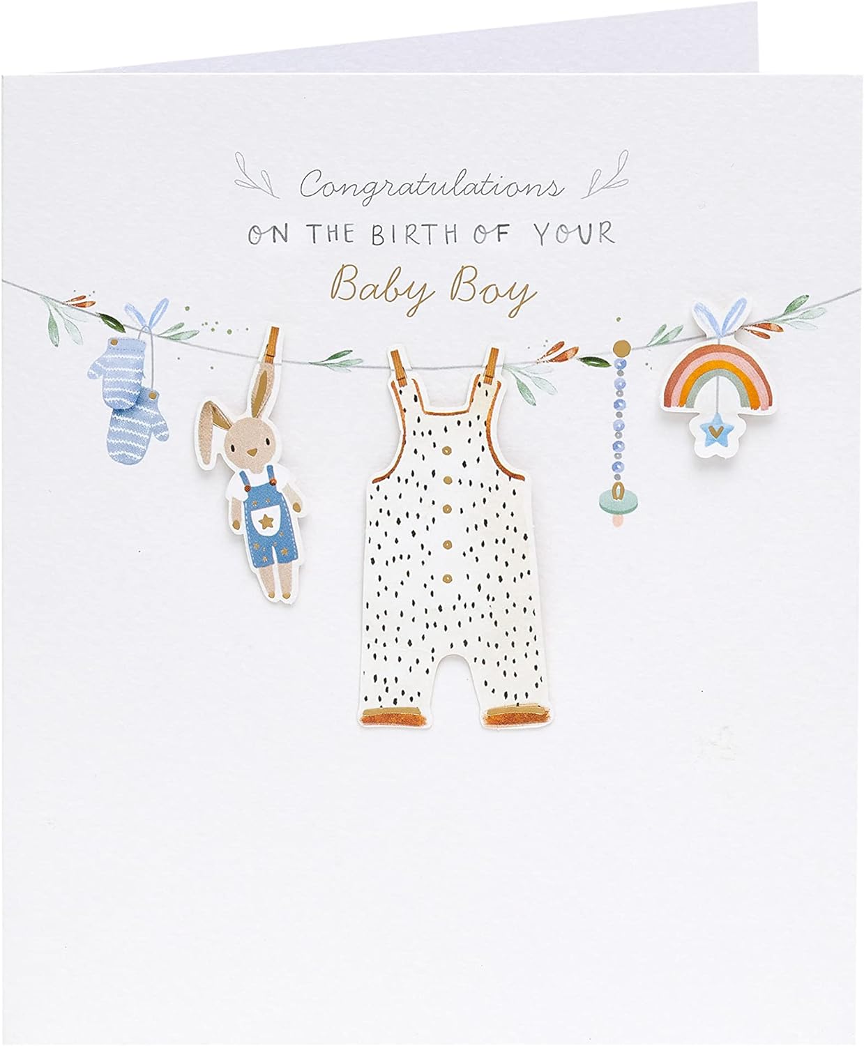 UK Greetings New Baby Boy greeting card featuring a washing line design with colorful baby clothes hanging.