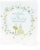 UK Greetings New Baby Boy Godson Christening Card showing a colorful design with adorable baby-themed illustrations.