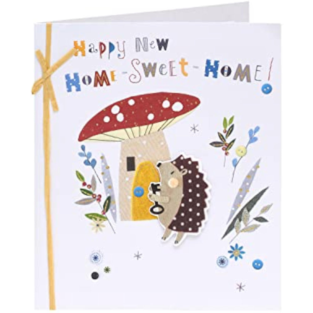 UK Greetings new home greeting card for him, her, or friends featuring adorable hedgehog design with envelope.
