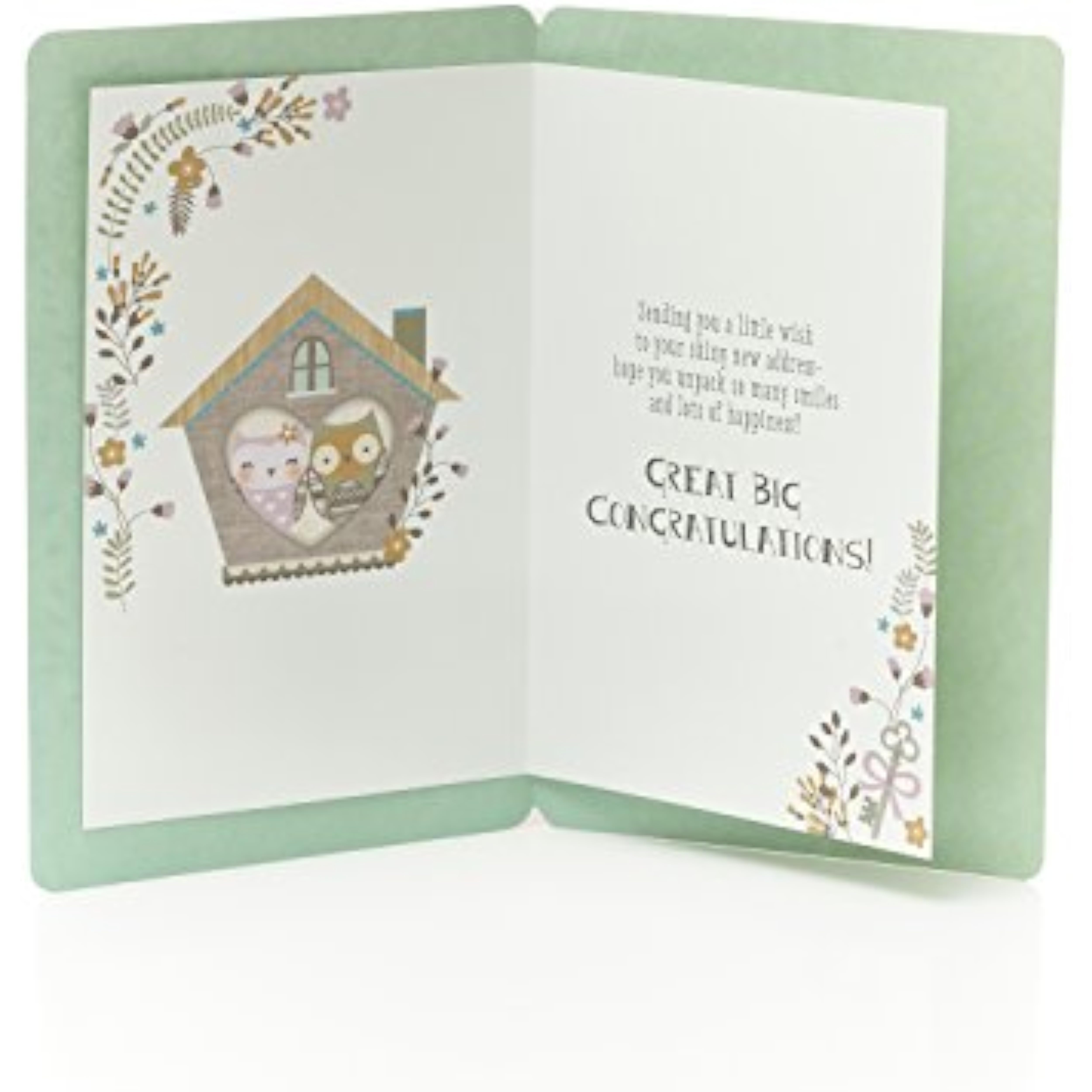 UK Greetings greeting card featuring an adorable owl couple, perfect for celebrating new home or place with congratulations.