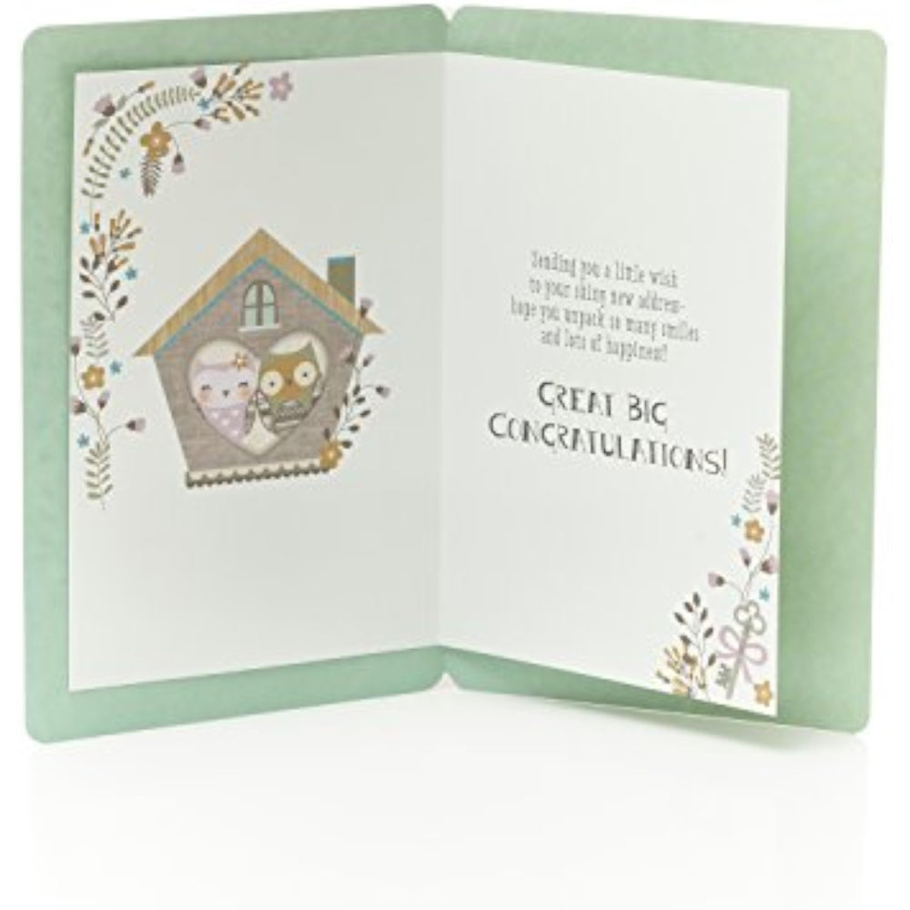 UK Greetings greeting card featuring an adorable owl couple, perfect for celebrating new home or place with congratulations.