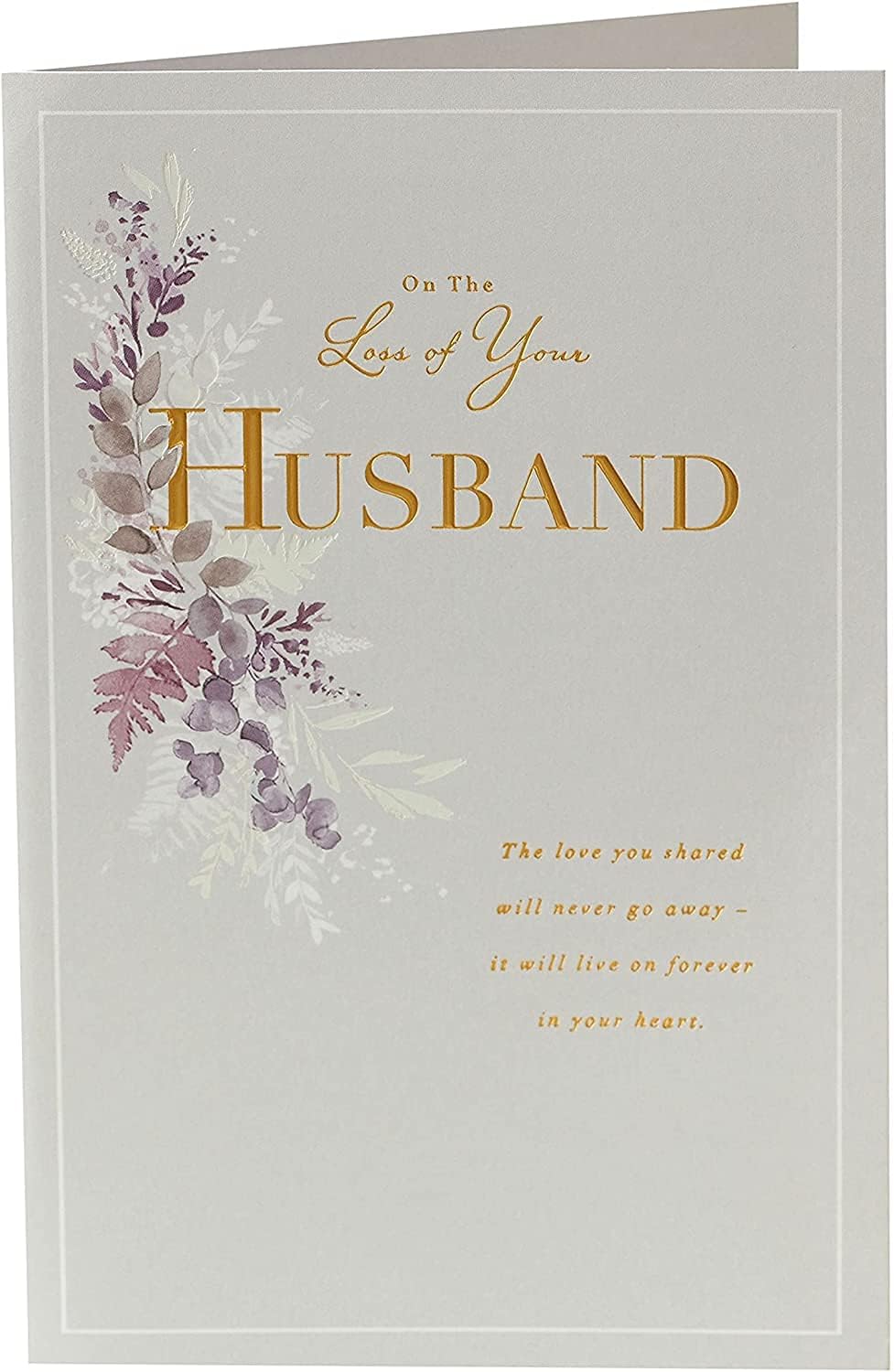 UK Greetings sympathy card with gold foil details, expressing condolences on the loss of a husband, featuring elegant design and heartfelt message.