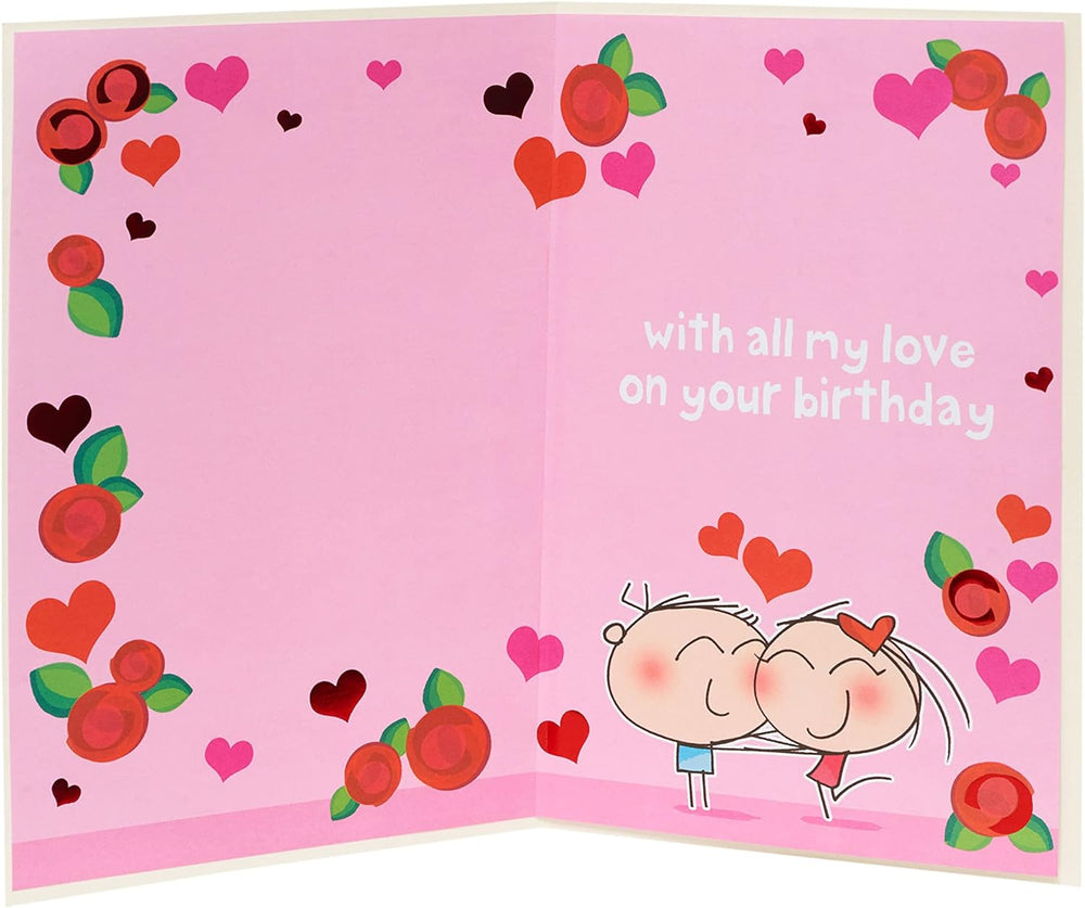 UK Greetings One I Love birthday card with badge, featuring colorful design and heartfelt message for special occasions.