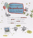 UK Greetings birthday card featuring an owl illustration and sentimental verse for grandson, perfect for celebrating special occasions.