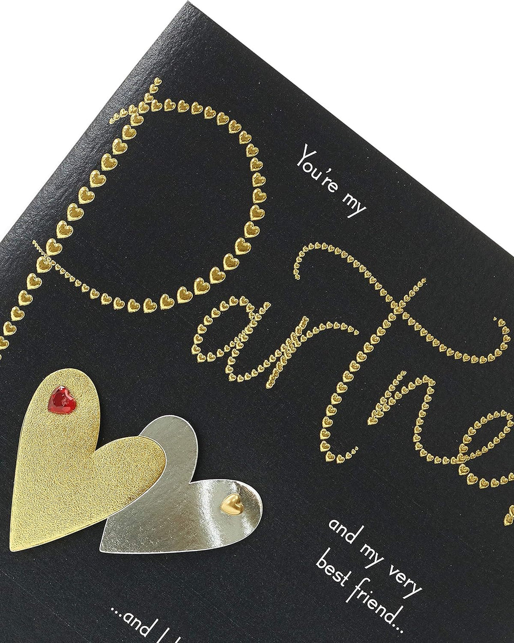 UK Greetings partner Valentine's Day card for him or her with dark and gold design, includes envelope, perfect for expressing love.