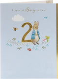 UK Greetings Peter Rabbit birthday greeting card featuring a cheerful illustration for a special boy turning two.