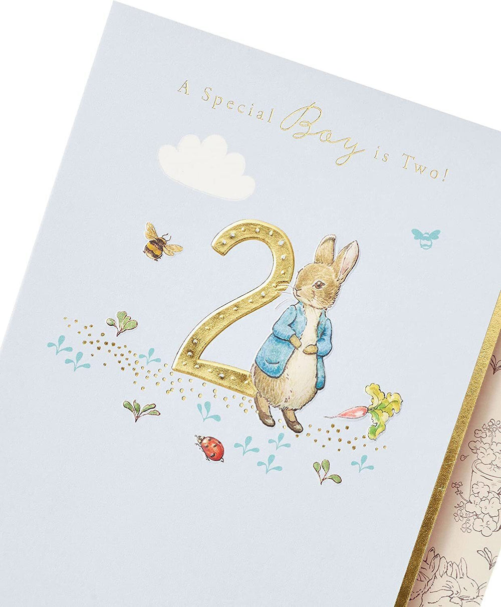 UK Greetings Peter Rabbit greeting card for a special boy turning two, featuring colorful illustrations of Peter Rabbit and playful design.
