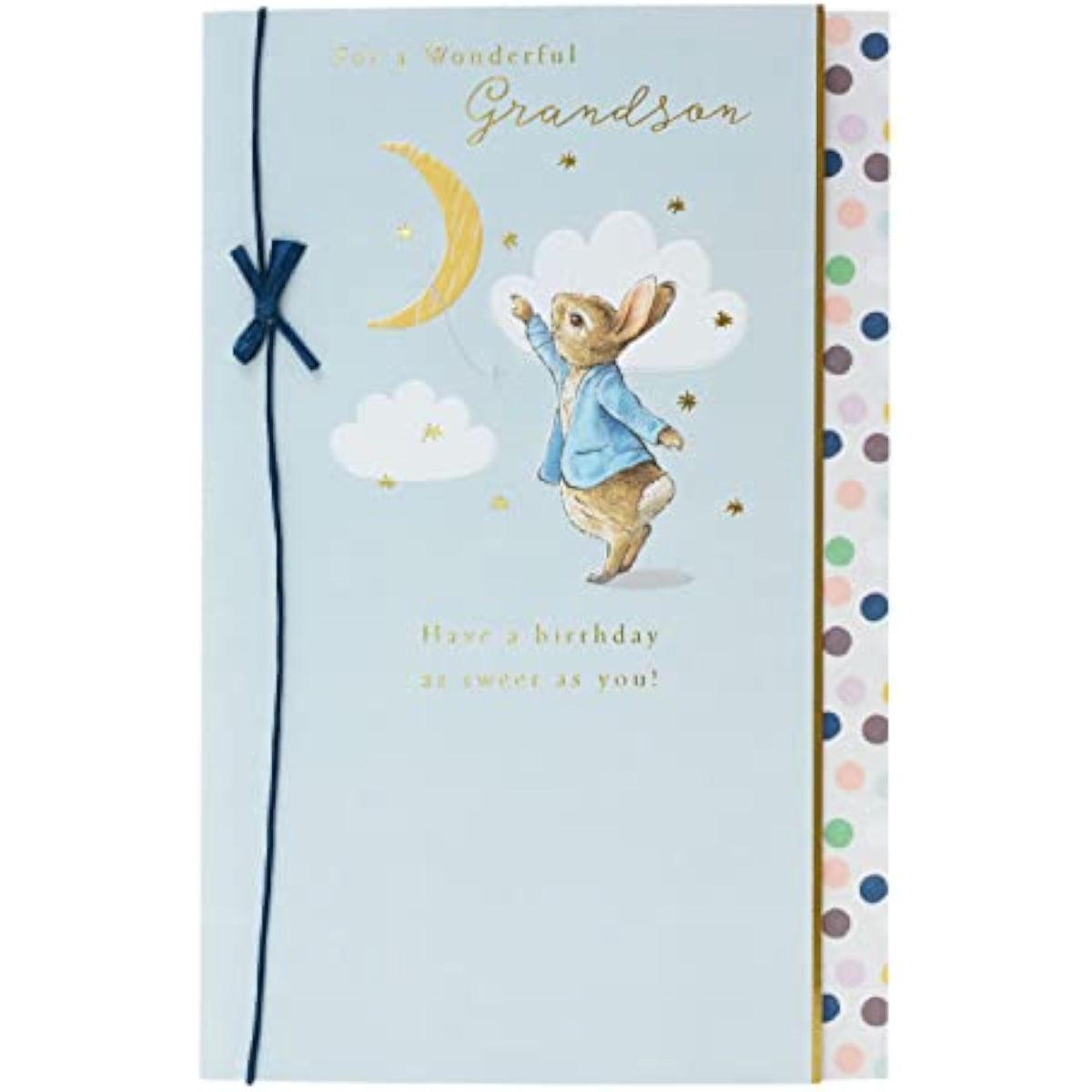 UK Greetings Peter Rabbit birthday card for grandson featuring a blue design and charming Peter Rabbit illustration.