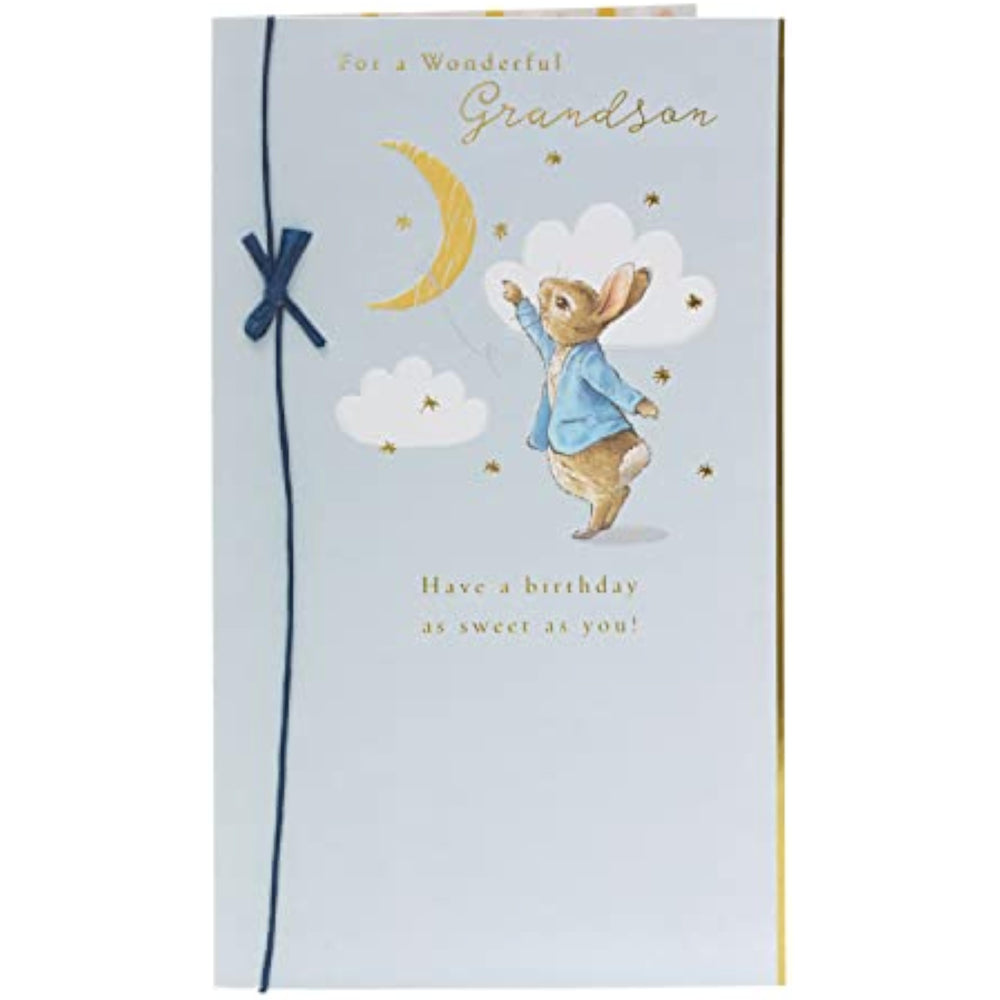 UK Greetings Peter Rabbit birthday card for grandson featuring a charming blue design, perfect for celebrating special occasions.