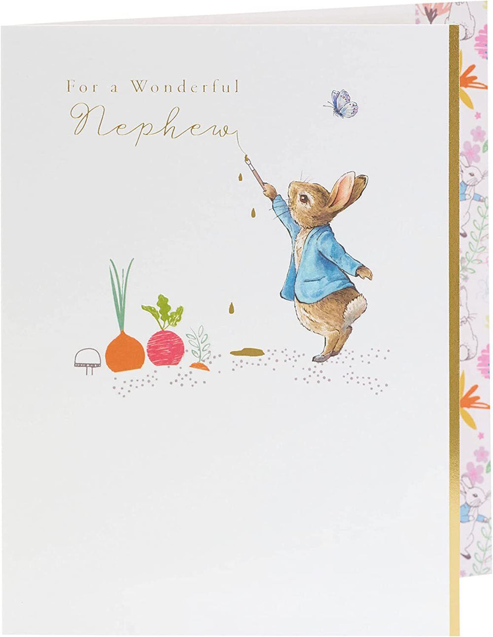 UK Greetings Peter Rabbit birthday card for nephew, featuring colorful Peter Rabbit design on greeting card for special occasions.