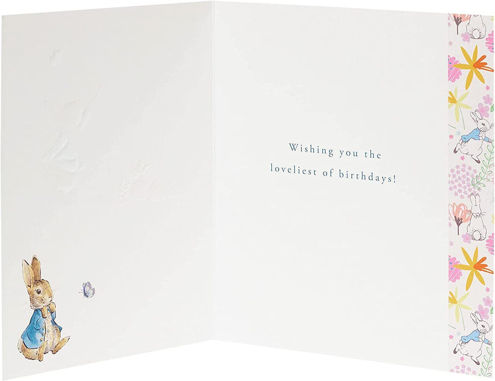 UK Greetings Peter Rabbit birthday card for nephew, featuring colorful illustrations of Peter Rabbit on a cheerful greeting card.