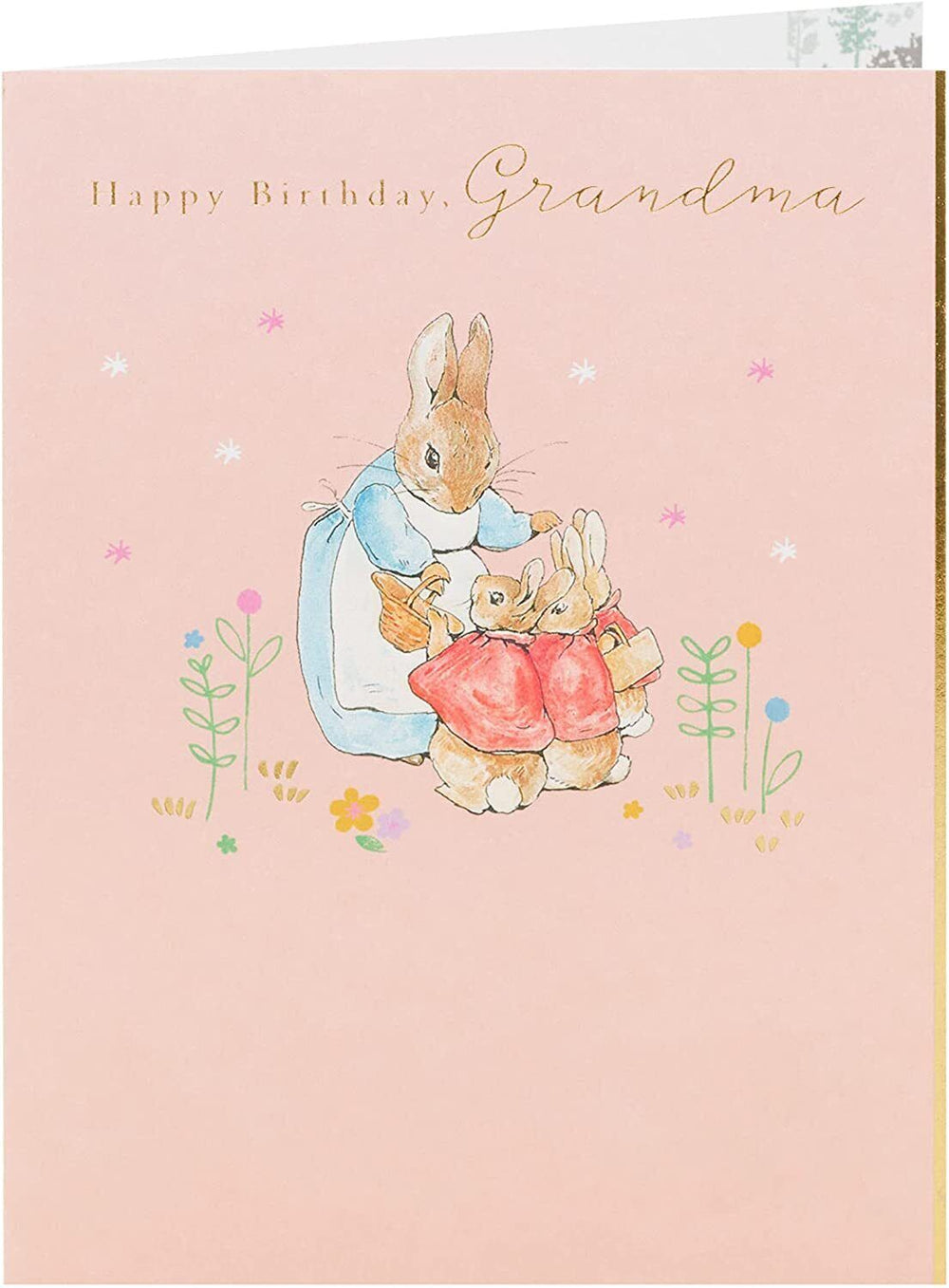 UK Greetings Peter Rabbit Grandma birthday greeting card featuring colorful illustrations of Peter Rabbit and floral designs.