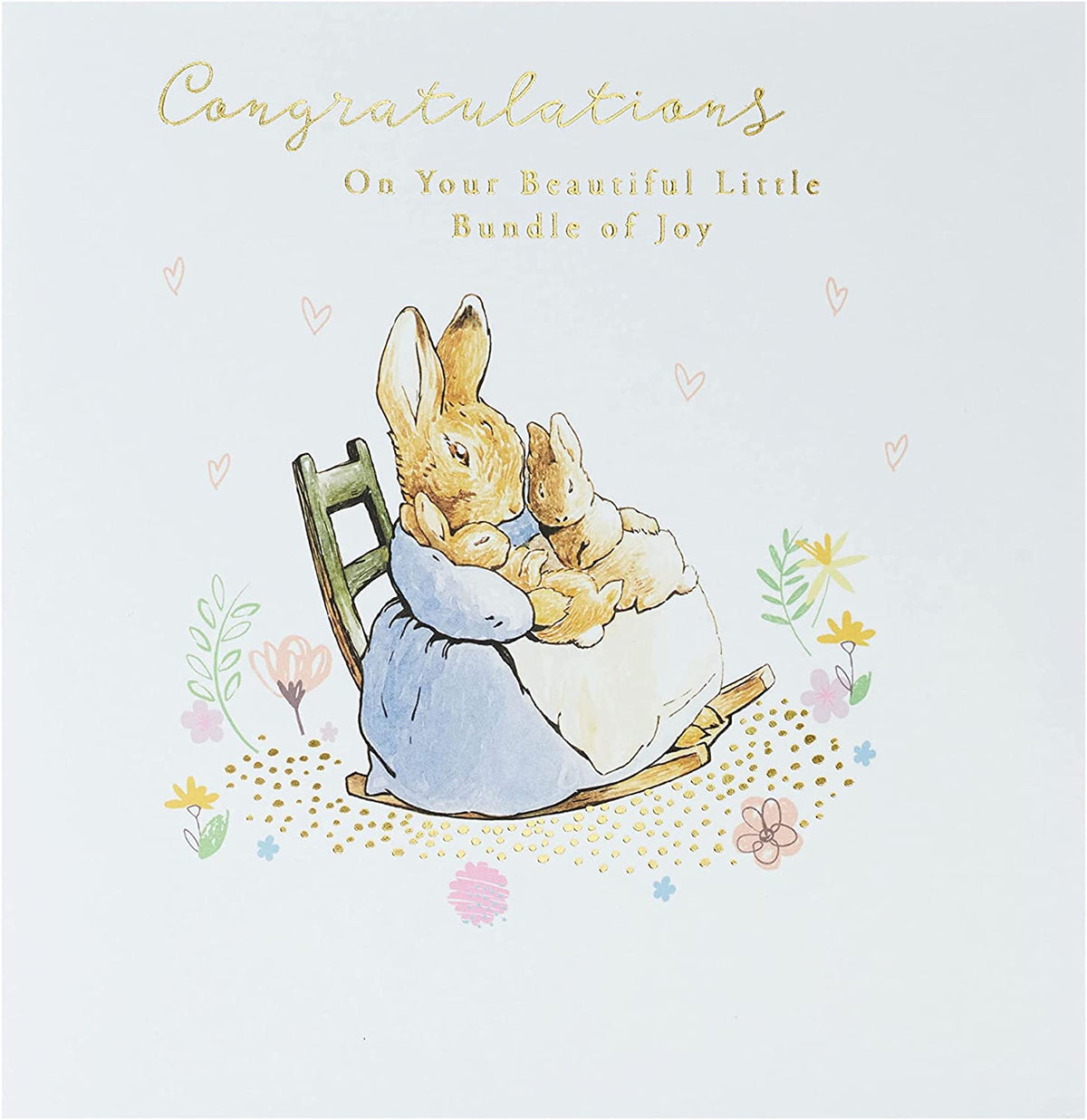 UK Greetings Peter Rabbit new baby congratulations card featuring a colorful illustration of Peter Rabbit and floral accents.