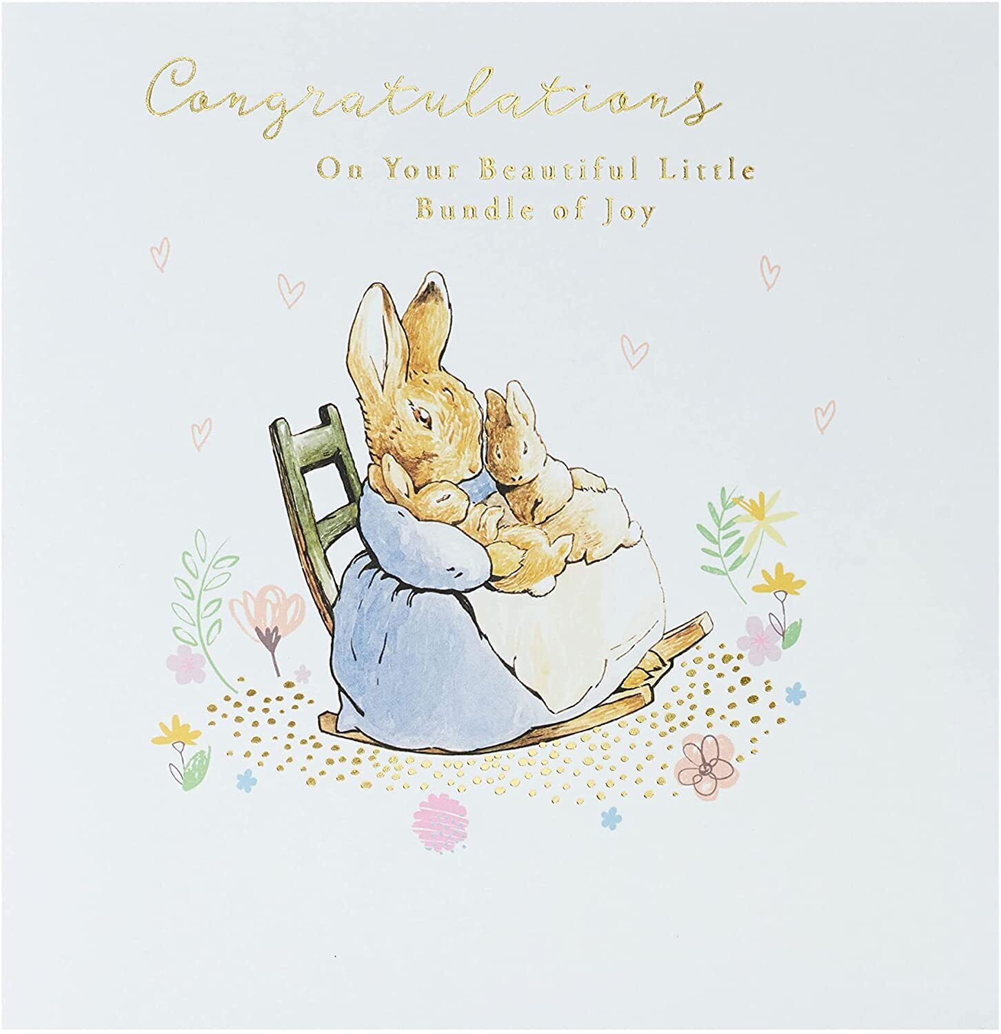 UK Greetings Peter Rabbit New Baby Congratulations Card, colorful greeting card featuring Peter Rabbit for celebrating a new arrival.