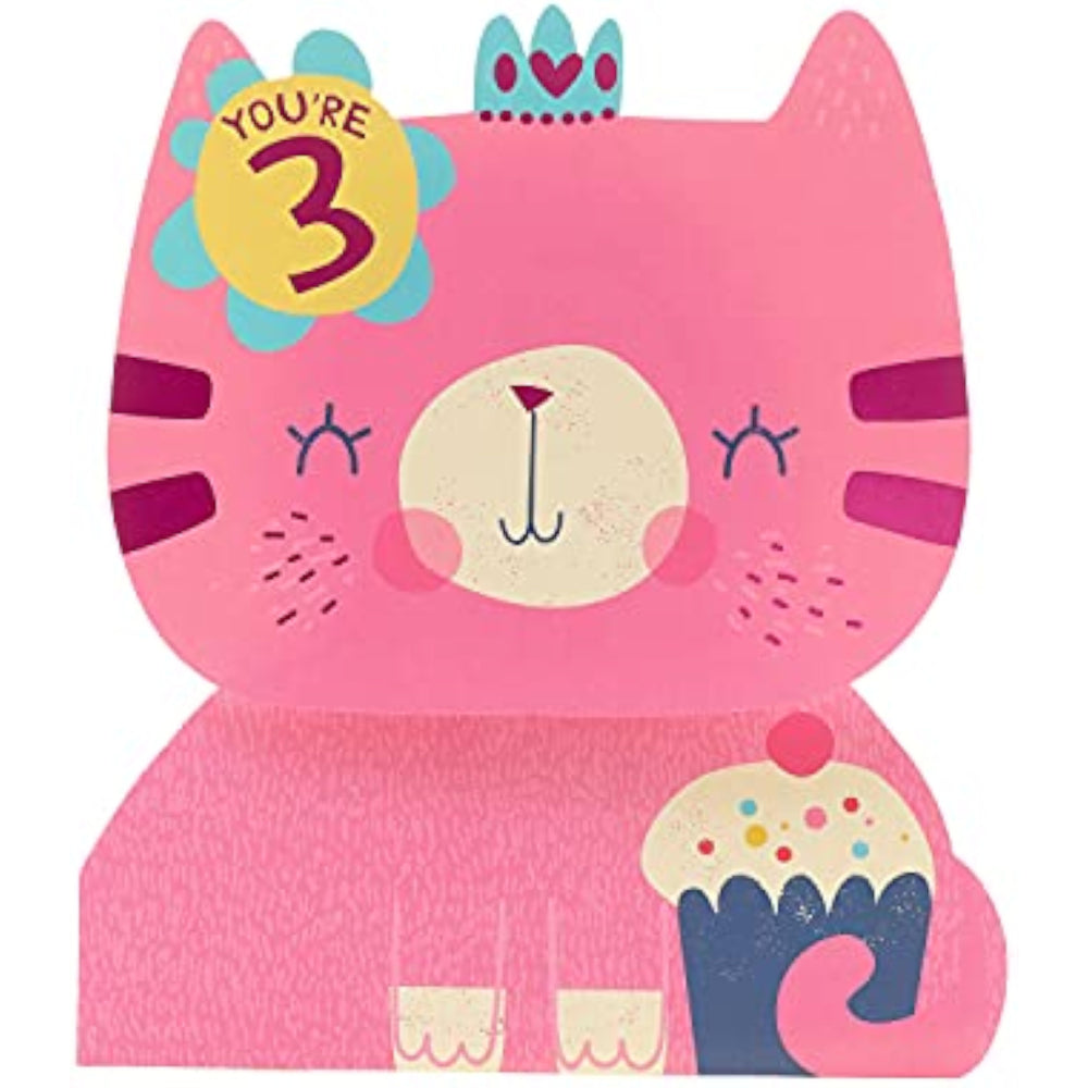 Pink cat-themed 3rd birthday greeting card from UK Greetings, featuring colorful illustrations perfect for celebrating a child's birthday.