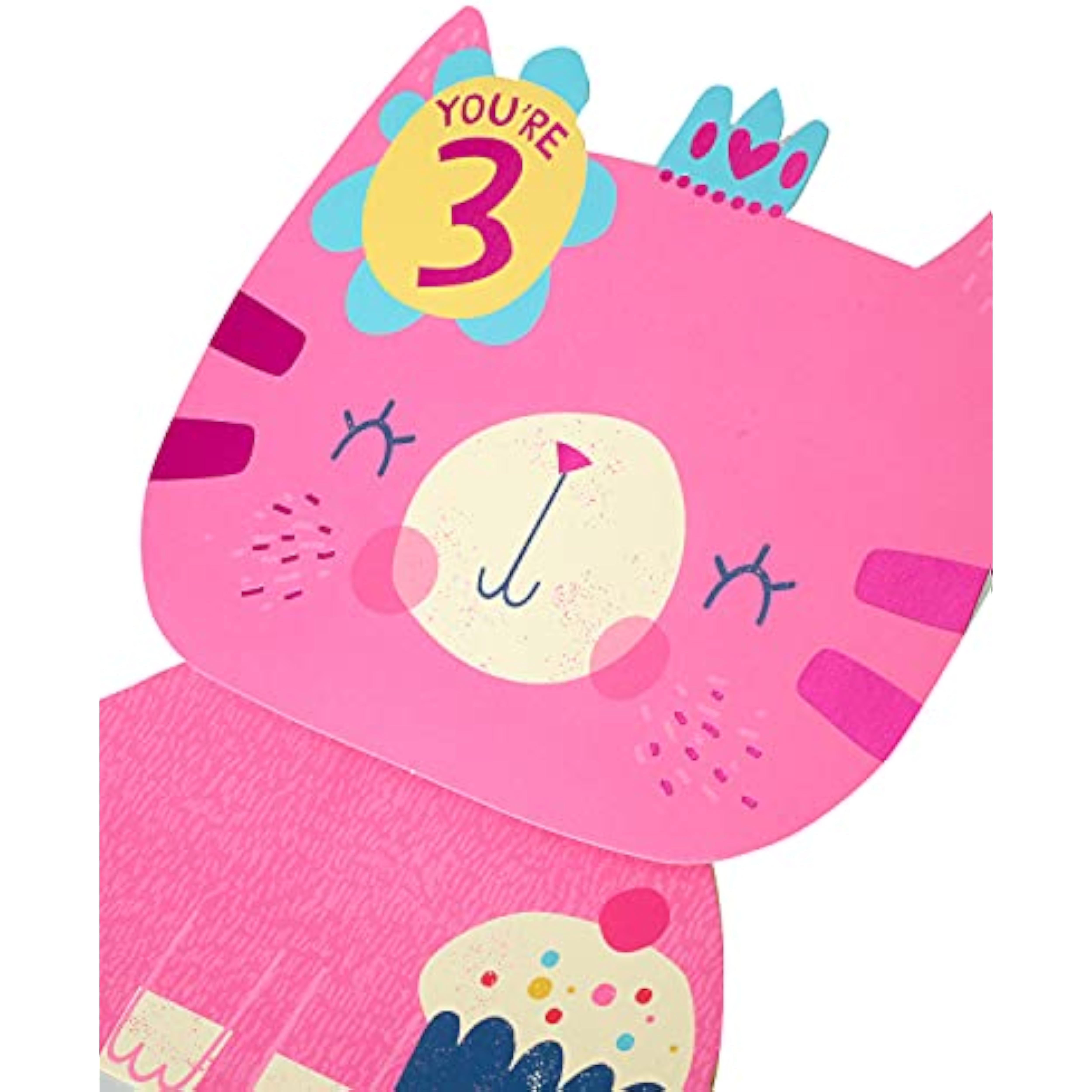 Pink cat 3rd birthday greeting card from UK Greetings, featuring colorful illustrations and playful design.