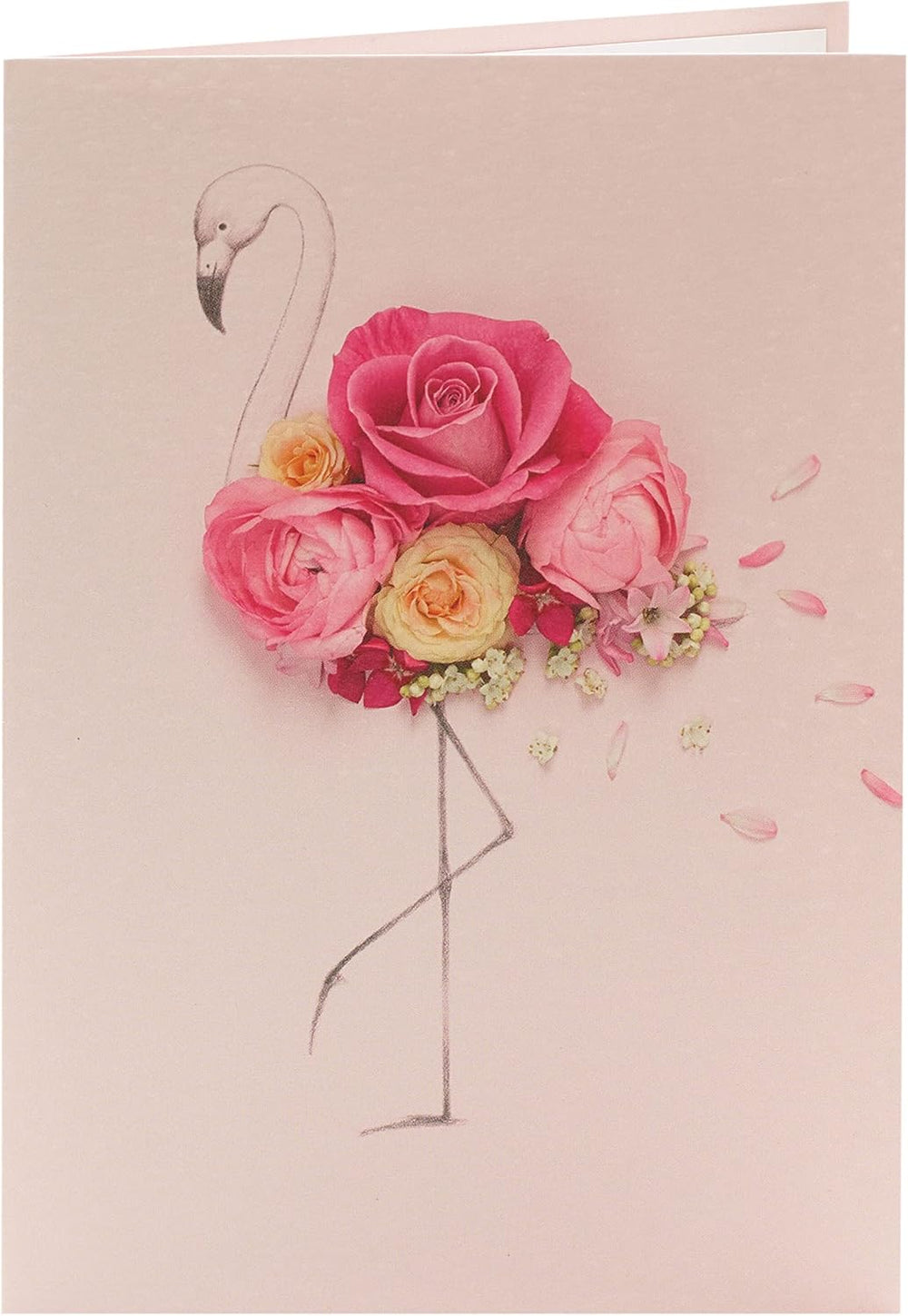 Pink floral flamingo birthday greeting card from UK Greetings featuring vibrant flower designs and a cheerful flamingo illustration.