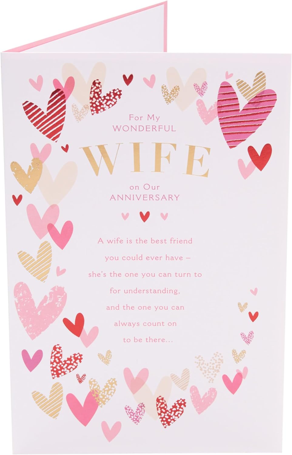 UK Greetings pink and gold hearts anniversary greeting card for wife, featuring romantic heart design and elegant details.