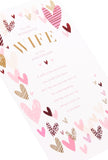 UK Greetings pink and gold hearts anniversary greeting card for wife featuring romantic heart design and elegant colors.