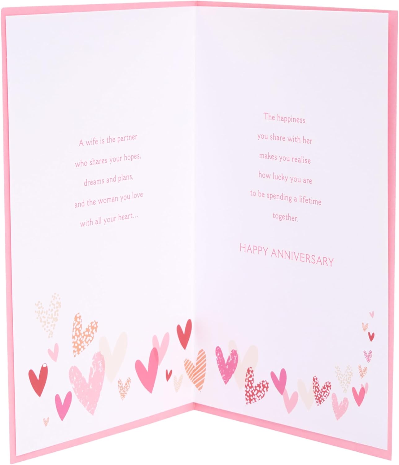 Pink and gold hearts design wife anniversary greeting card by UK Greetings, featuring romantic artwork for special occasions.
