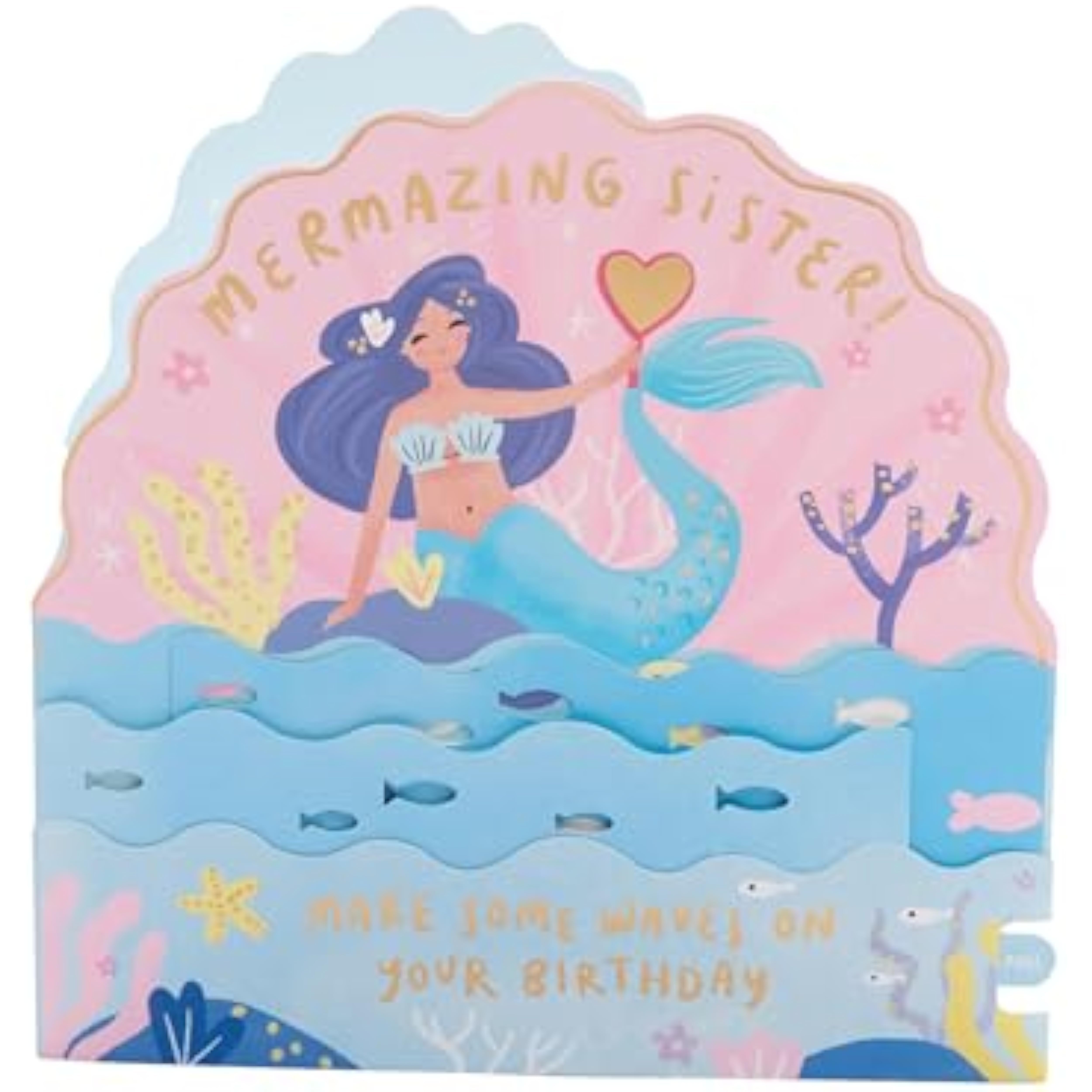 UK Greetings pop-up birthday card featuring a beautiful mermaid design for sister, with colorful underwater scene.