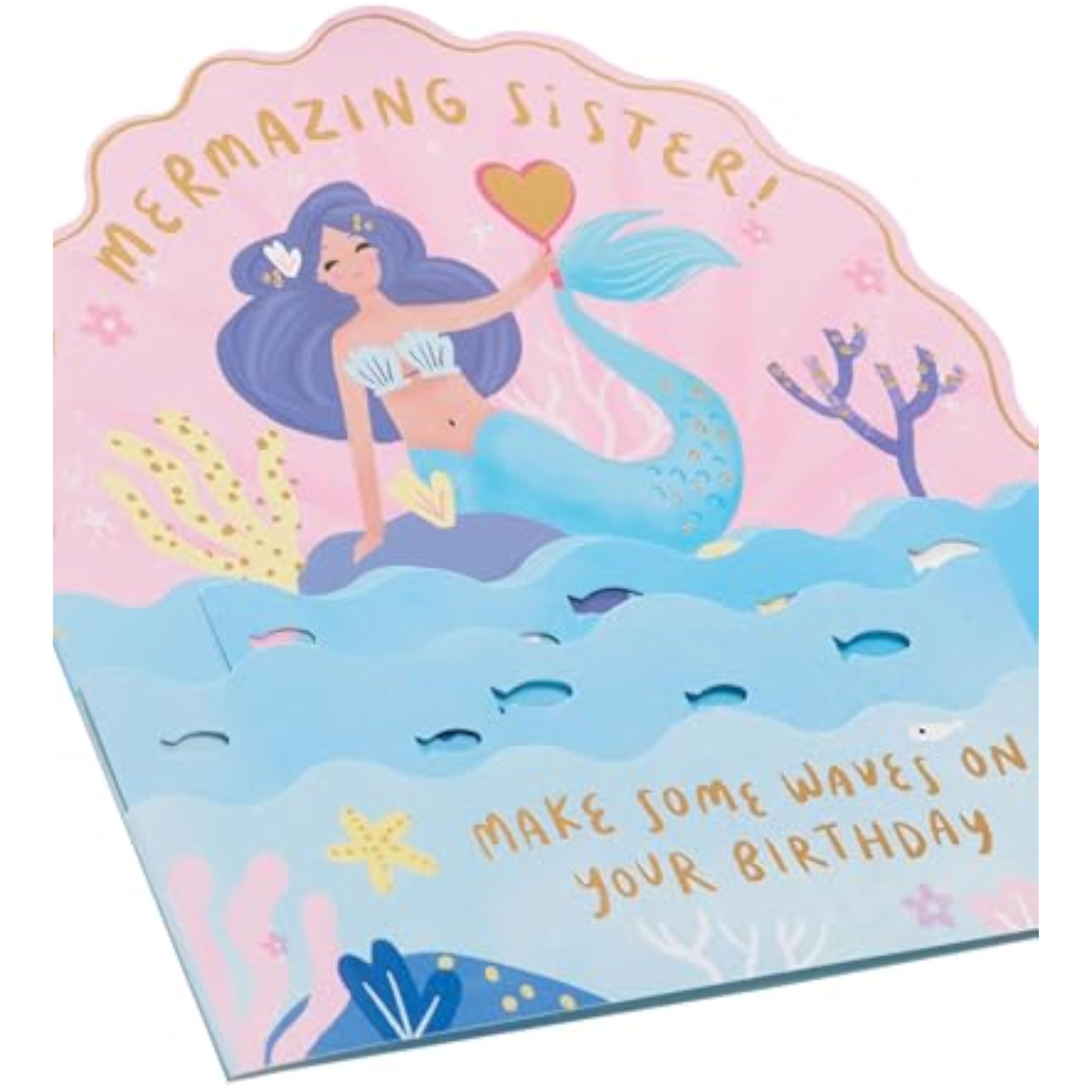 UK Greetings pop-up mermaid sister birthday card featuring a colorful, intricate mermaid design for special celebrations.