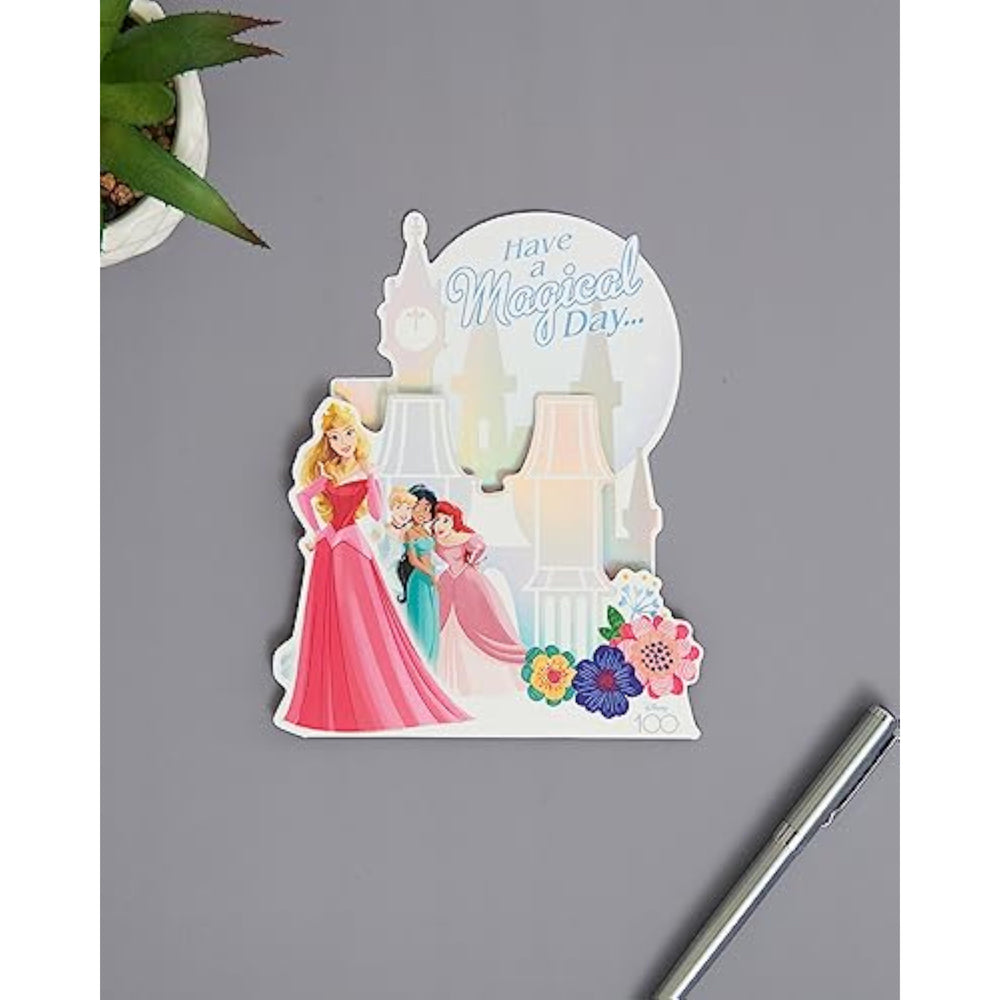 UK Greetings Pop-Up Castle birthday card featuring Aurora, Cinderella, Jasmine, and Ariel with colorful, detailed Disney princess designs.