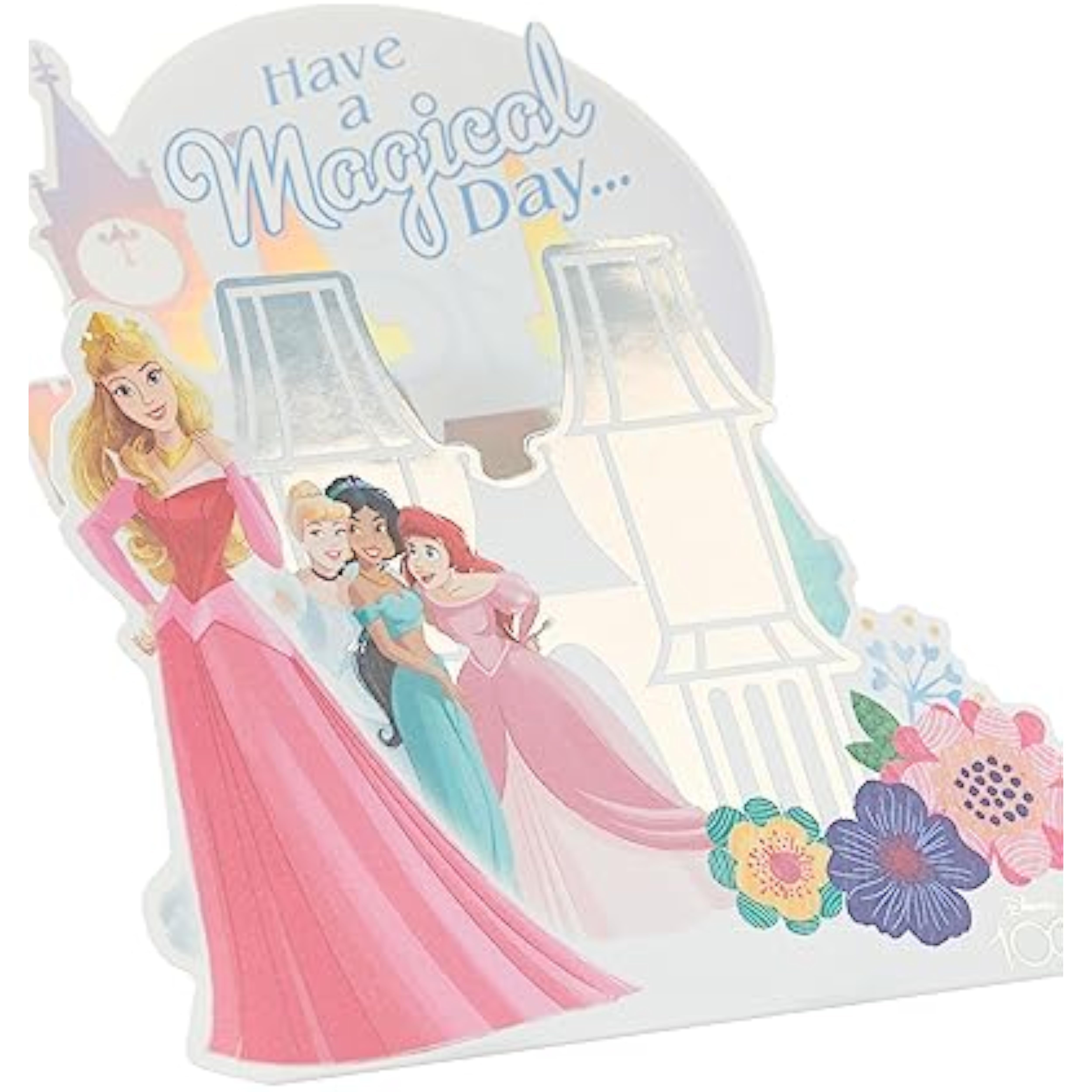 UK Greetings pop-up castle birthday card featuring Aurora, Cinderella, Jasmine, and Ariel with colorful castle design.
