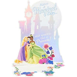 UK Greetings pop-up birthday card featuring a castle with Aurora, Cinderella, Jasmine, and Ariel characters, ideal for a 100th birthday celebration.