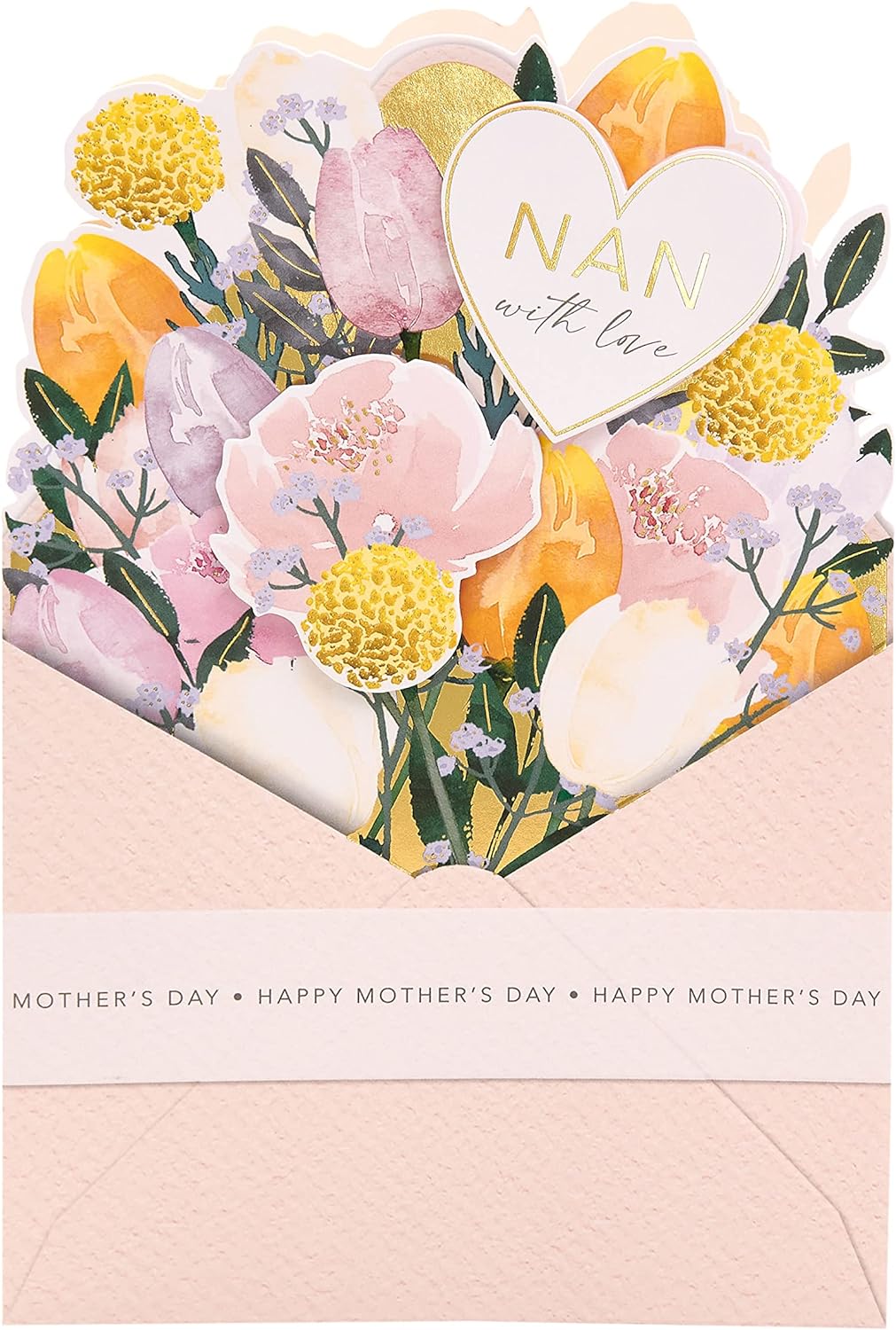 UK Greetings pop-up design Nan Mother’s Day greeting card with colorful floral and heartfelt message inside.