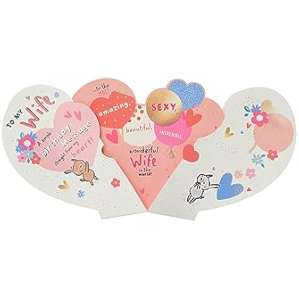 UK Greetings pop-up heart design birthday card for wife, featuring a colorful, folded greeting card with a heartfelt message.