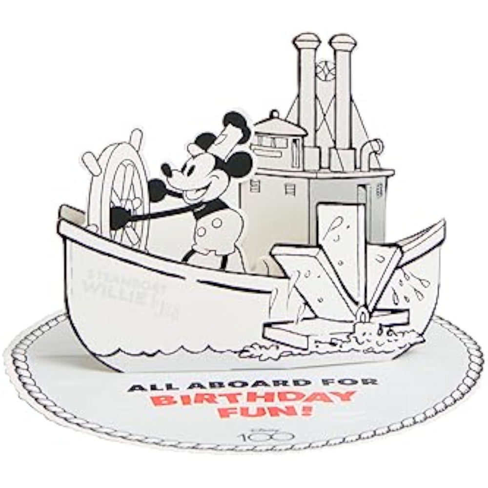 UK Greetings pop-up Mickey Mouse Steamboat Willie birthday card featuring classic Disney character design and vibrant colors.