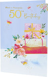 UK Greetings 50th birthday greeting card with colorful themed design, perfect for celebrating a special milestone.
