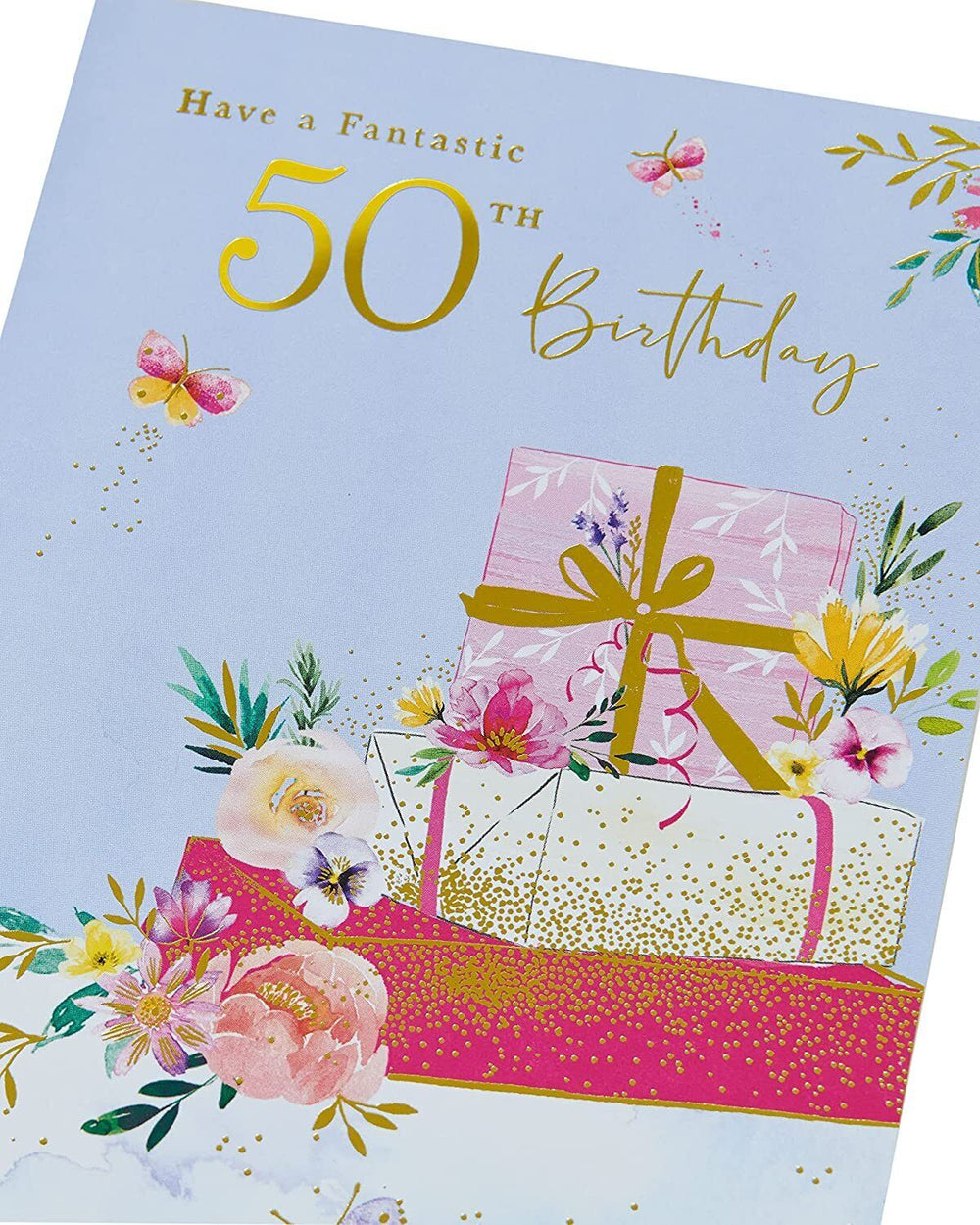 UK Greetings 50th birthday greeting card featuring festive themed design and colorful illustrations.